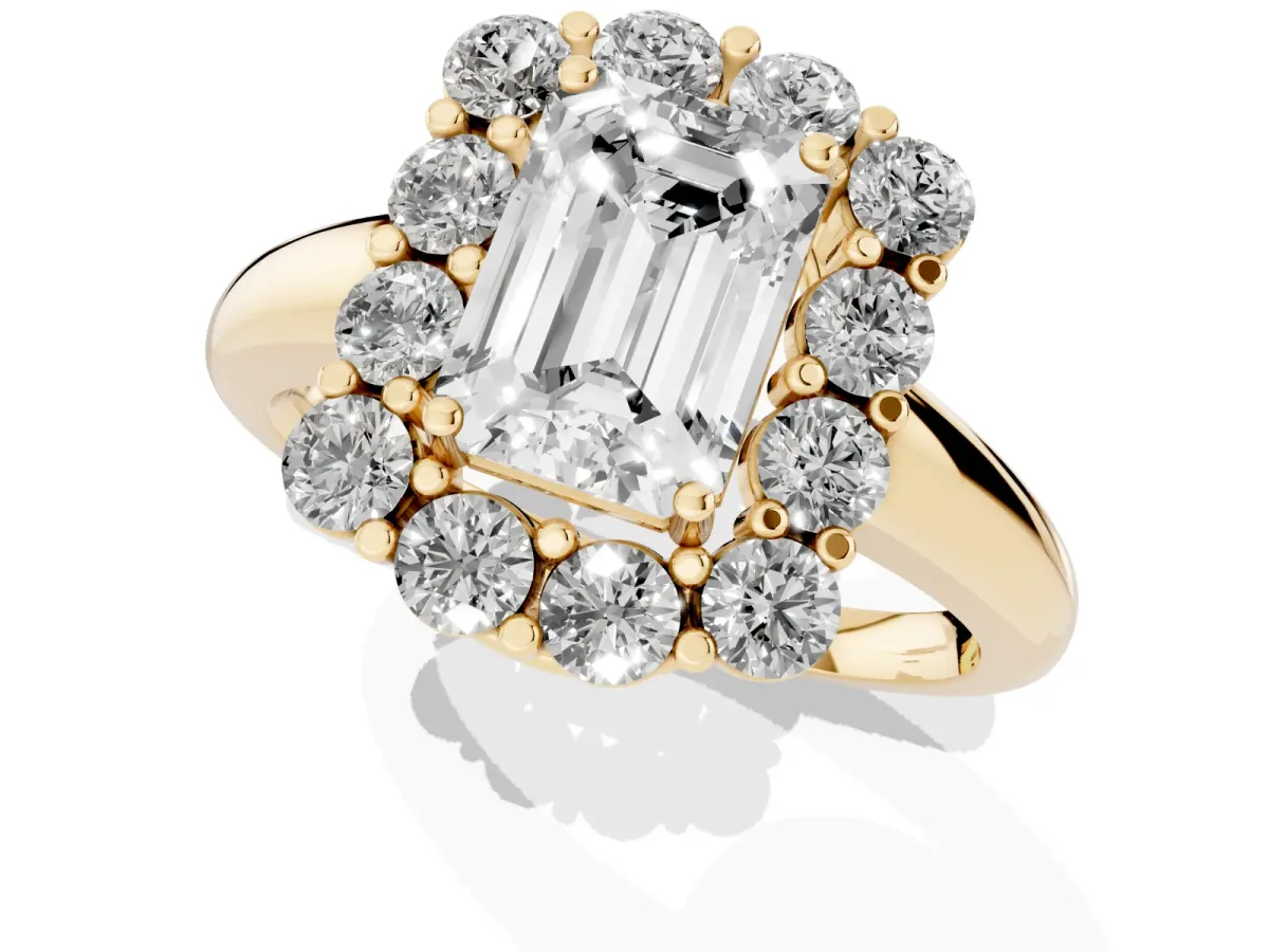 Emerald Cut Halo Cluster Diamond Engagement Ring with Prong Setting and Polished Band Yellow gold