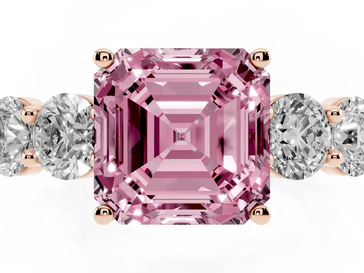 Fancy Pink Asscher Cut Cut Five-Stone Prong Set Diamond Ring with Classic Band Rose gold