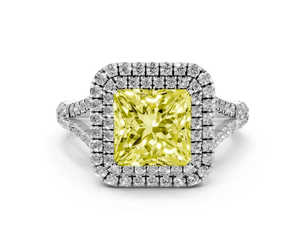 Fancy Yellow Double Halo Princess Cut Diamond Split Shank Engagement Ring with Four-Prong Setting Silver
