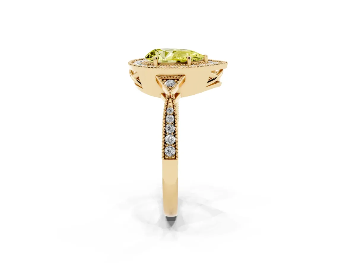 Fancy Yellow Pear Cut Halo Round Diamond Milgrain Pave Engagement Ring Yellow gold