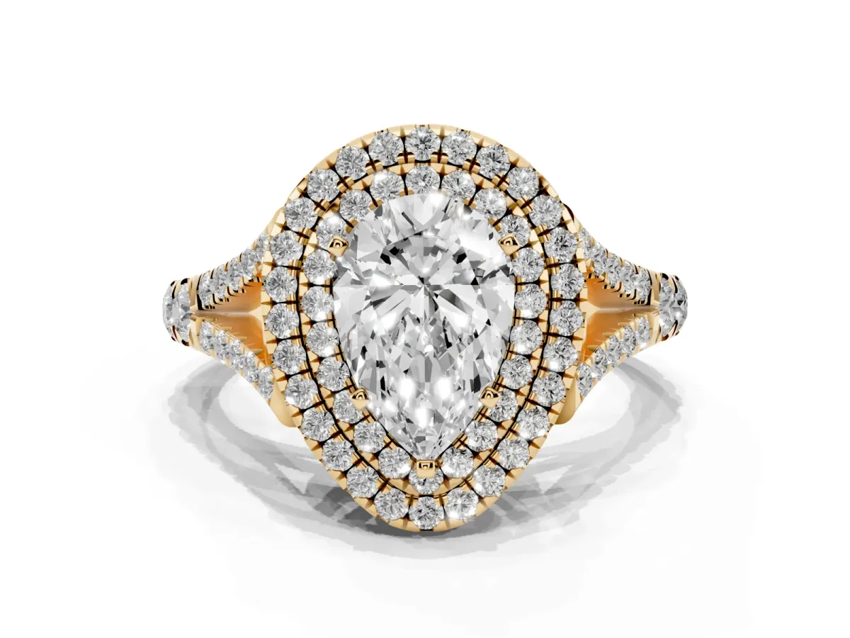 Double Halo Pear Cut Diamond Split Shank Engagement Ring with Four-Prong Setting Yellow gold