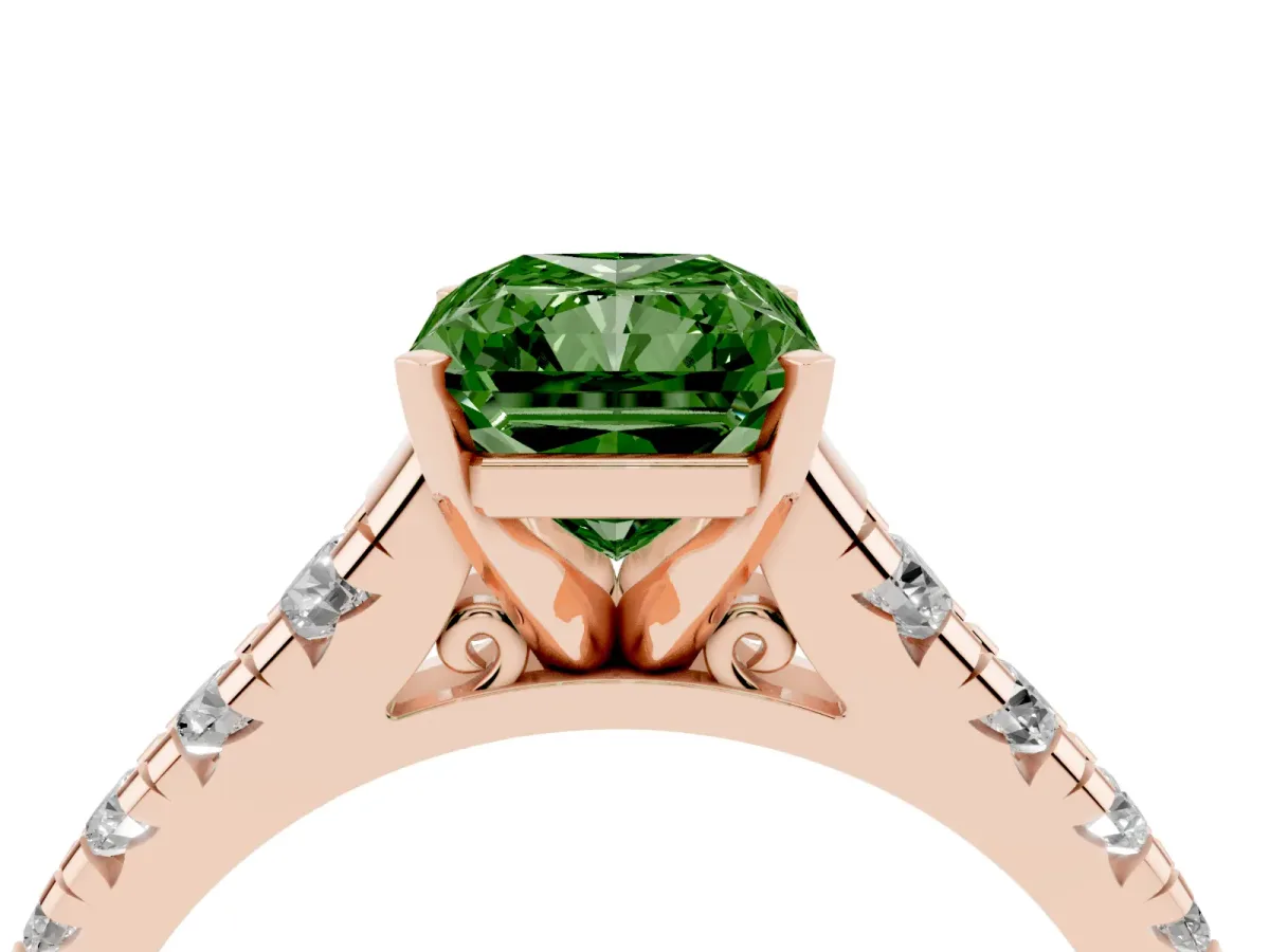 Fancy Green Radiant Cut Diamond Cathedral Solitaire Ring with Round Pavé Band Rose gold