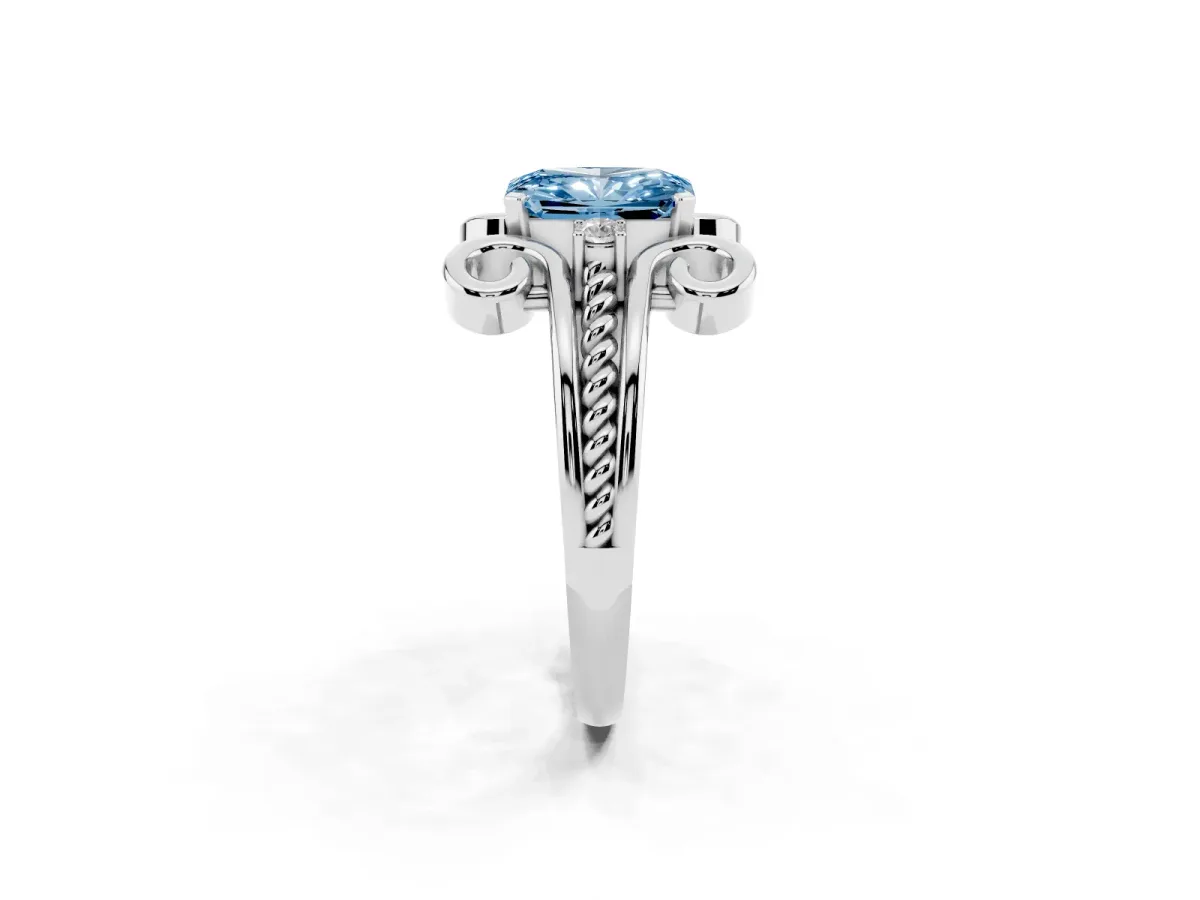 Fancy Blue Radiant Cut Solitaire Twisted Band Scroll Prong Ring Platinum