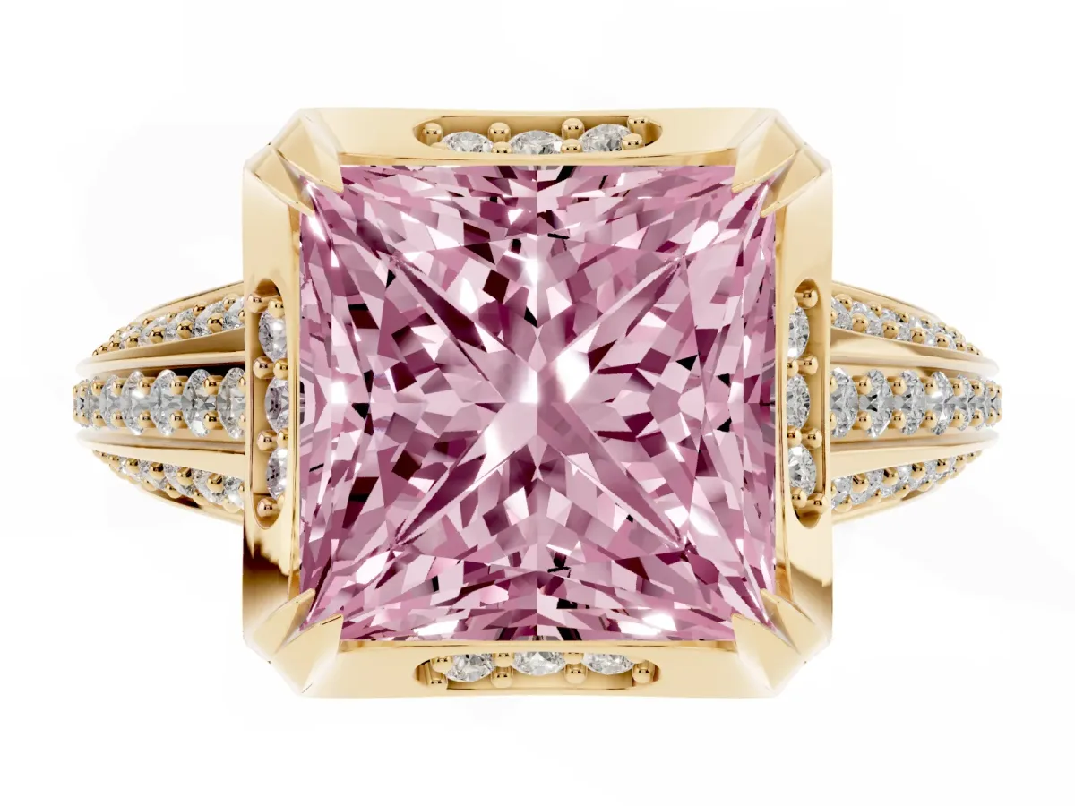 Fancy Pink Princess Cut Solitaire Pave Split Shank Ring with Four-Prong Setting Yellow gold