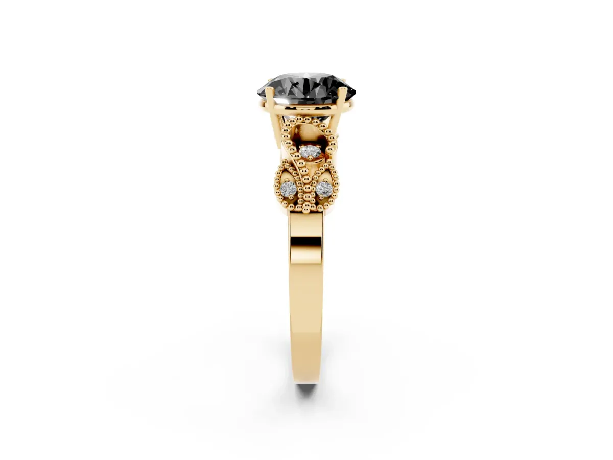 Fancy Black Round Cut Solitaire Milgrain Leaf Band with Prong Setting Yellow gold