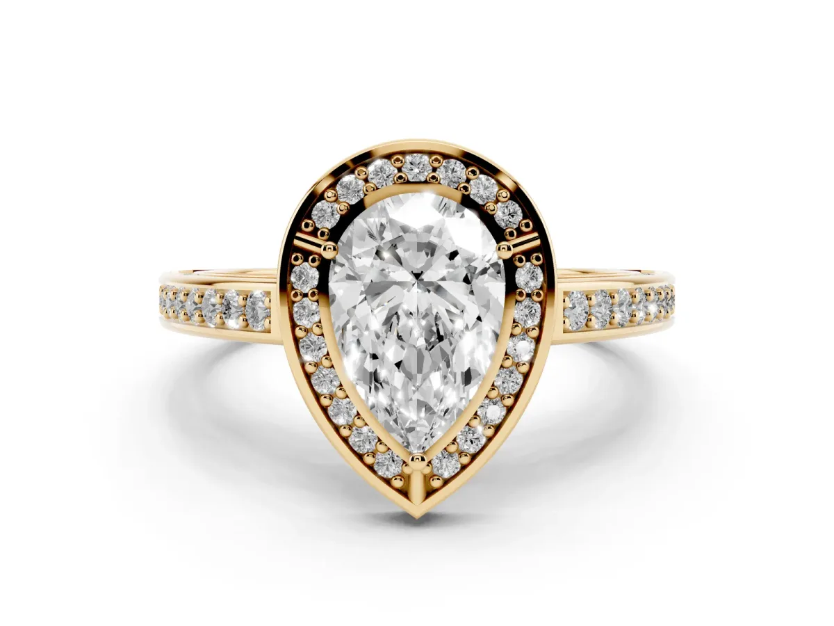 Pear Cut Cut Halo Pave Split Shank Prong Setting Ring Yellow gold