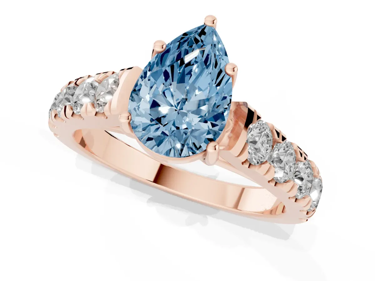 Fancy Blue Pear Cut Cut Diamond Solitaire Ring with Micro Pave Band and Prong Setting Rose gold