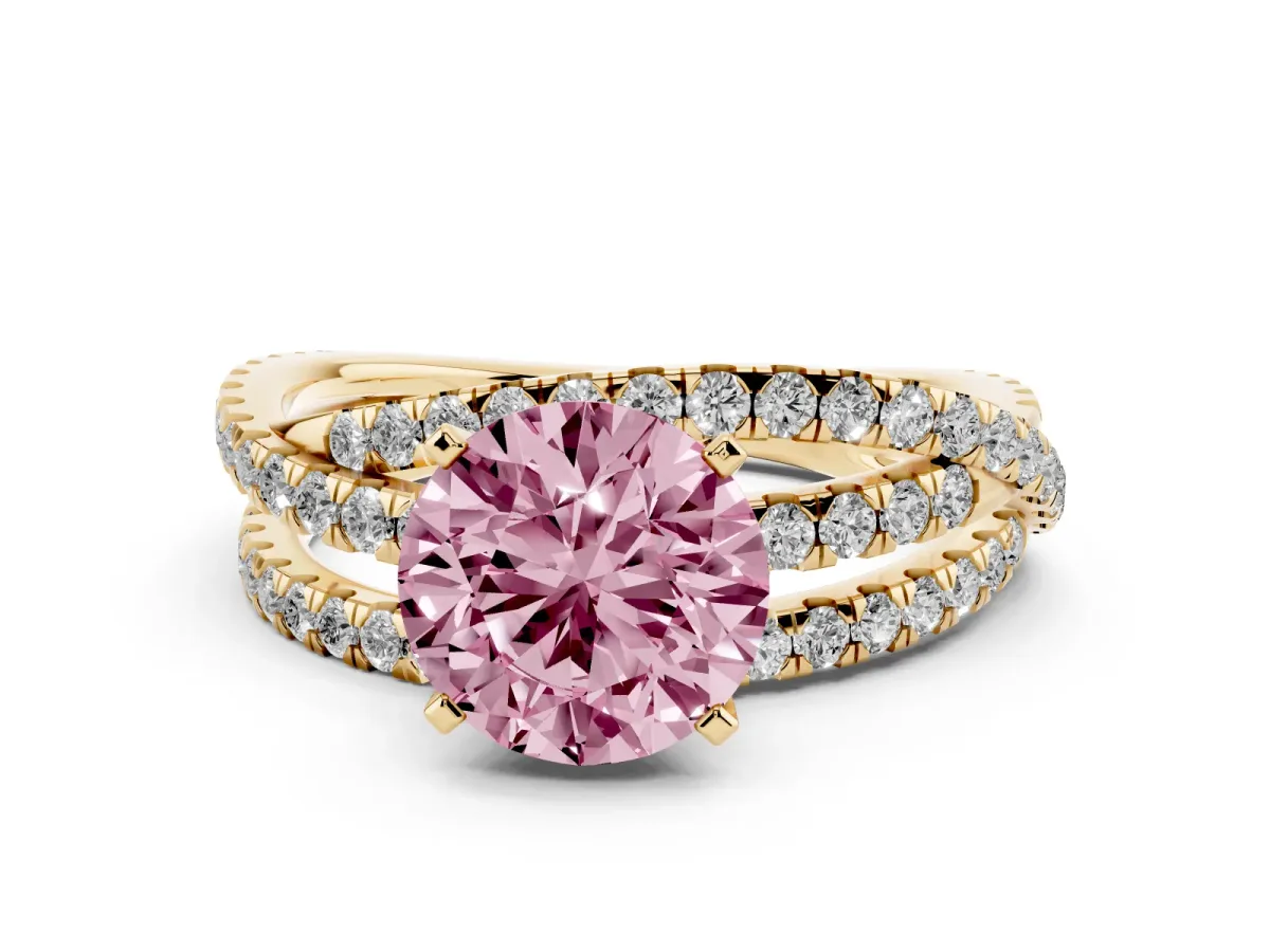Fancy Pink Round Cut Solitaire Twist Band with Pavé Setting and Four-Prong Setting Yellow gold