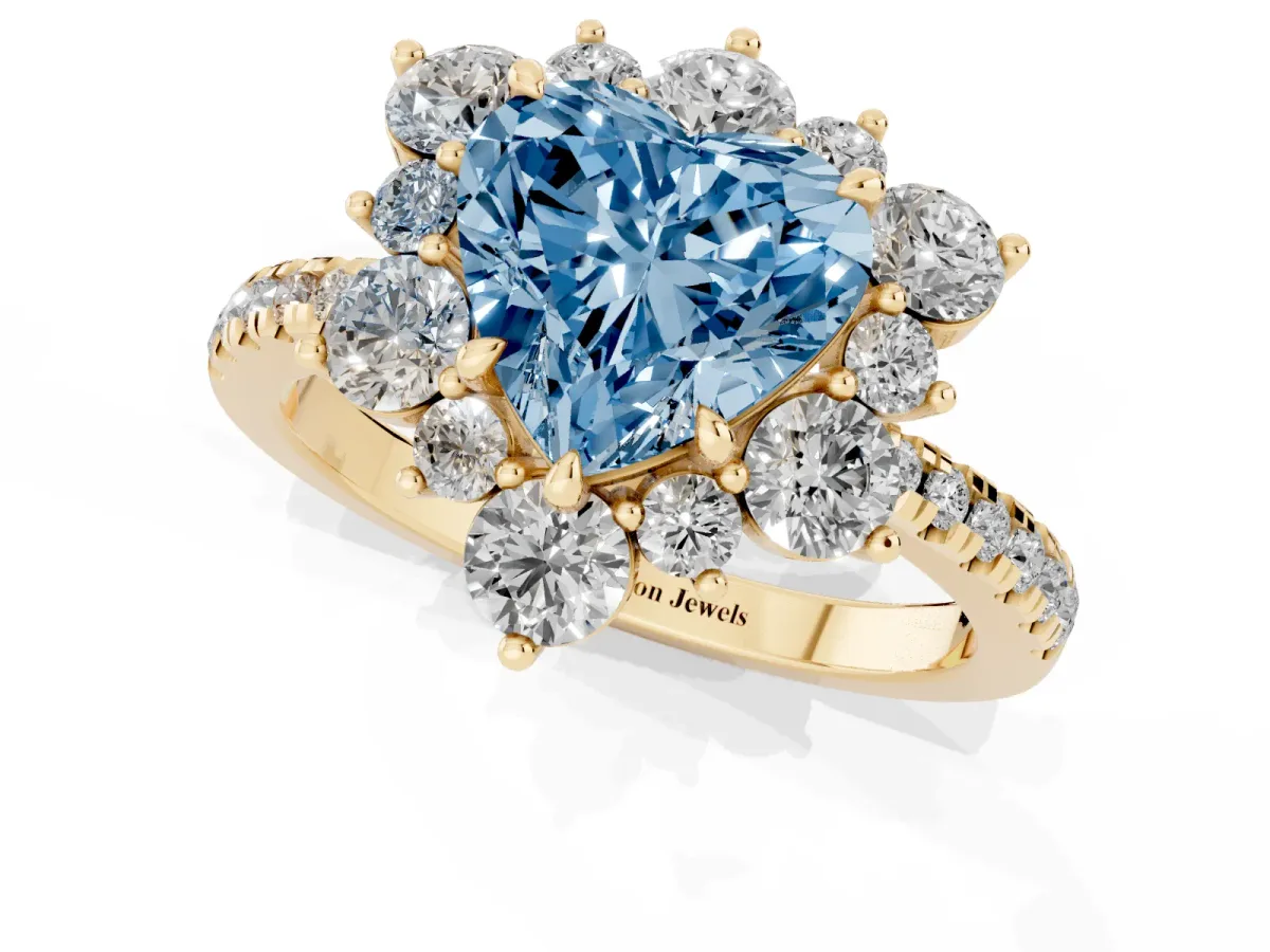 Fancy Blue Heart Cut Diamond Floral Halo Ring with Round Pavé Band and Prong Setting Yellow gold