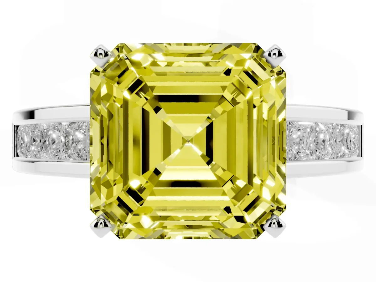 Fancy Yellow Asscher Cut Solitaire Diamond Ring with Channel-Set Band and Four-Prong Setting Silver