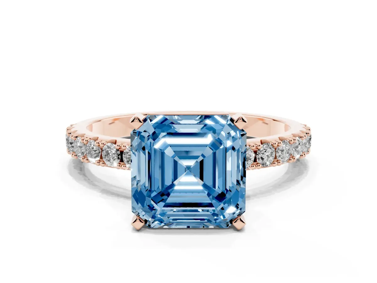 Fancy Blue Asscher Cut Diamond Solitaire Pavé Band with Four-Prong Setting Rose gold