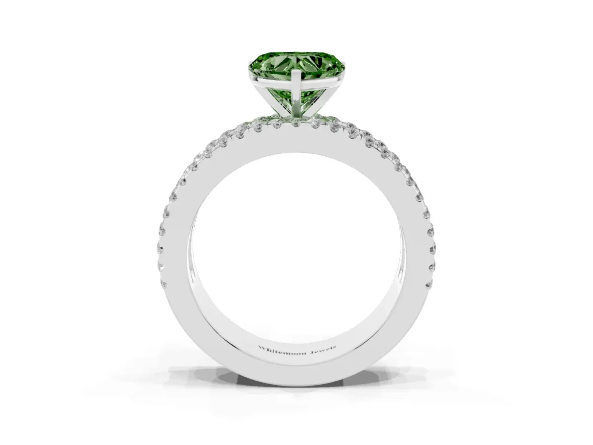 Fancy Green Heart Cut Diamond Solitaire Ring with Pavé and Channel Set Band Platinum