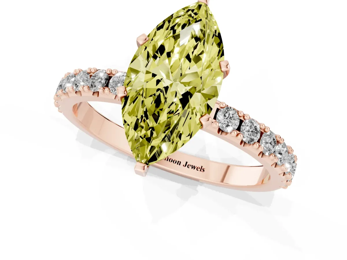Fancy Yellow Marquise Cut Diamond Solitaire Pavé Band with Four-Prong Setting Rose gold