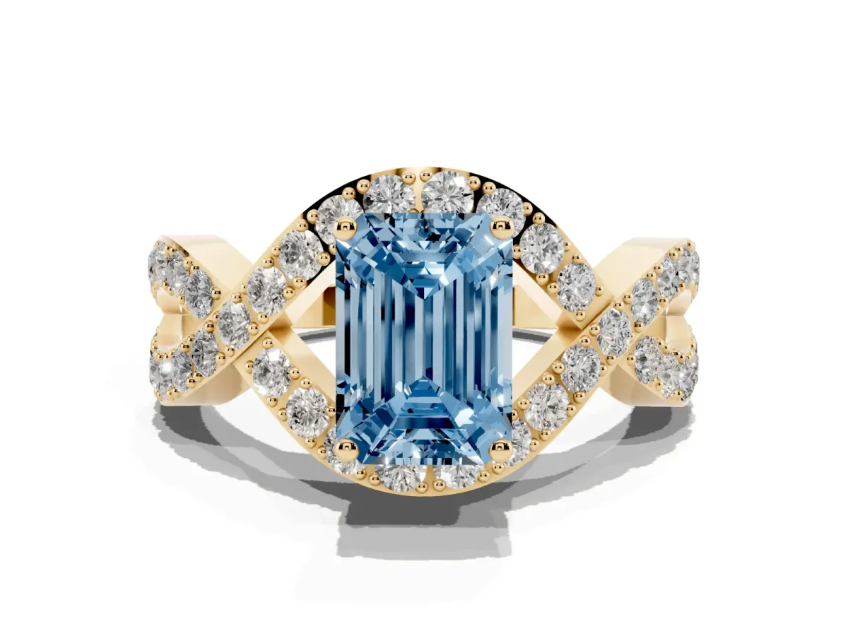 Fancy Blue Emerald Cut Solitaire Twist Band Pavé Diamond Engagement Ring Yellow gold