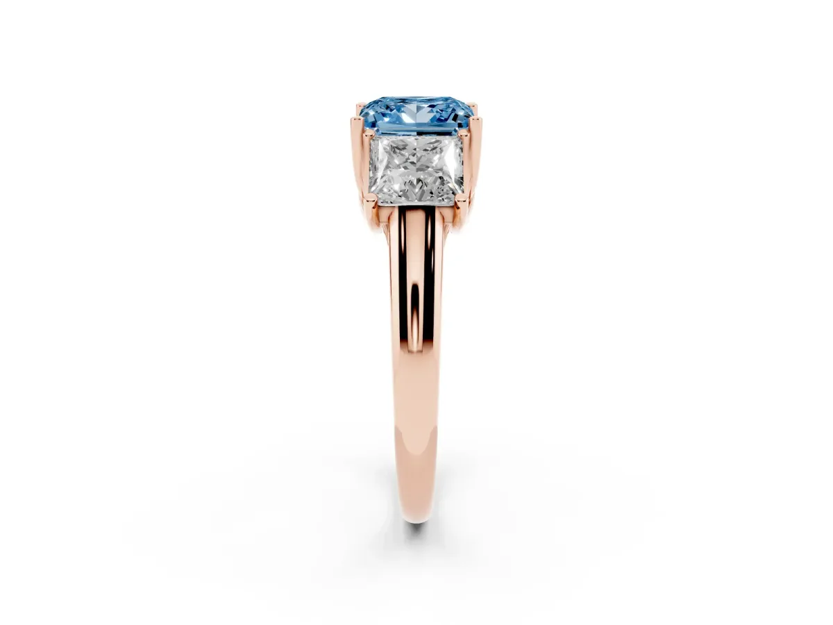 Fancy Blue Three-Stone Princess Cut Diamond Engagement Ring with Prong Setting Rose gold