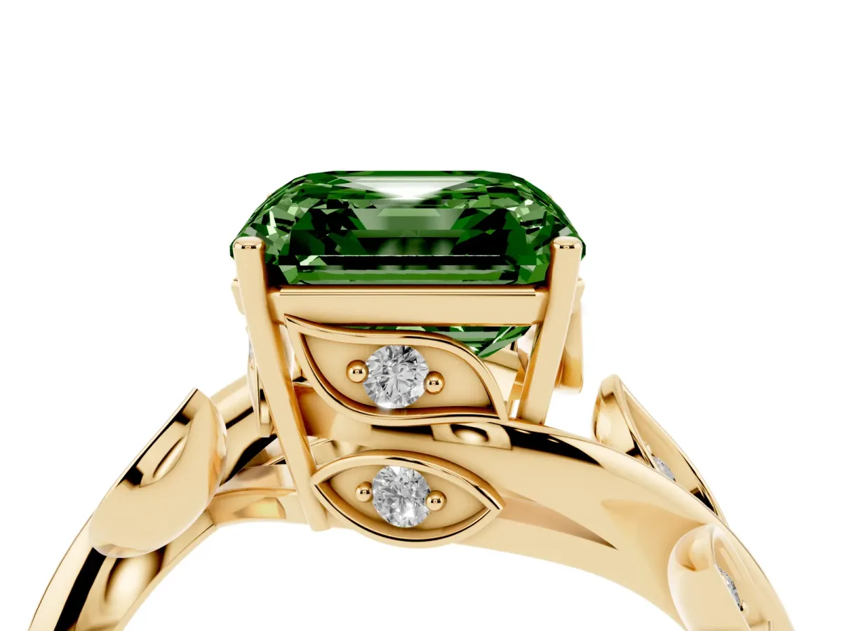 Fancy Green Asscher Cut Solitaire Twist Engagement Ring with Leaf Accents and Prong Setting Yellow gold