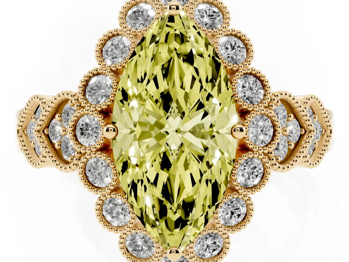 Fancy Yellow Marquise Cut Brilliant Milgrain Pave Heart Band Solitaire Ring Yellow gold