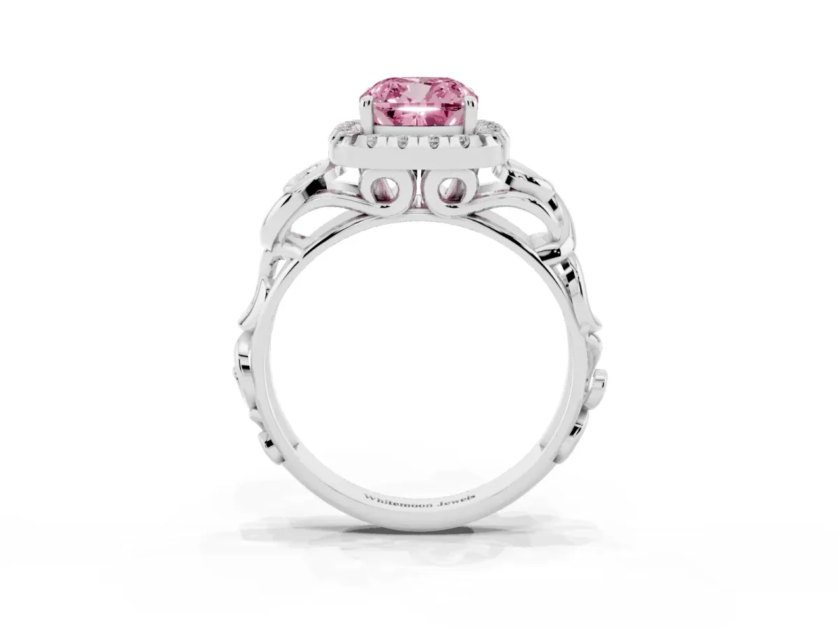 Fancy Pink Cushion Cut Cut Halo Diamond Ring with Scrollwork Band and Four-Prong Setting Silver