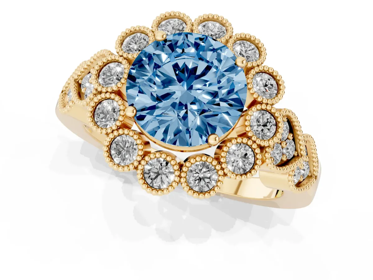 Fancy Blue Round Cut Brilliant Milgrain Pave Heart Band Solitaire Ring Yellow gold
