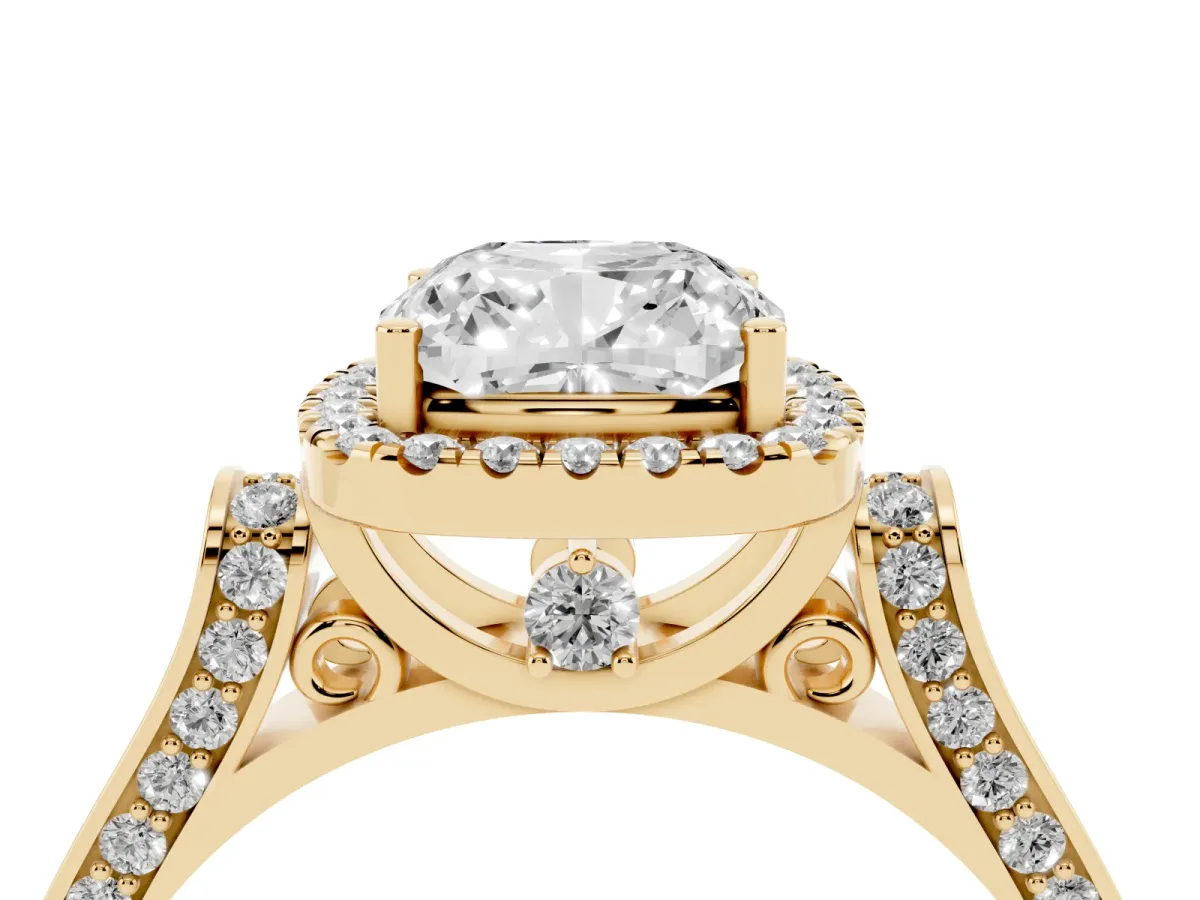 Cushion Cut Halo Pave Split Shank Prong Setting Ring Yellow gold