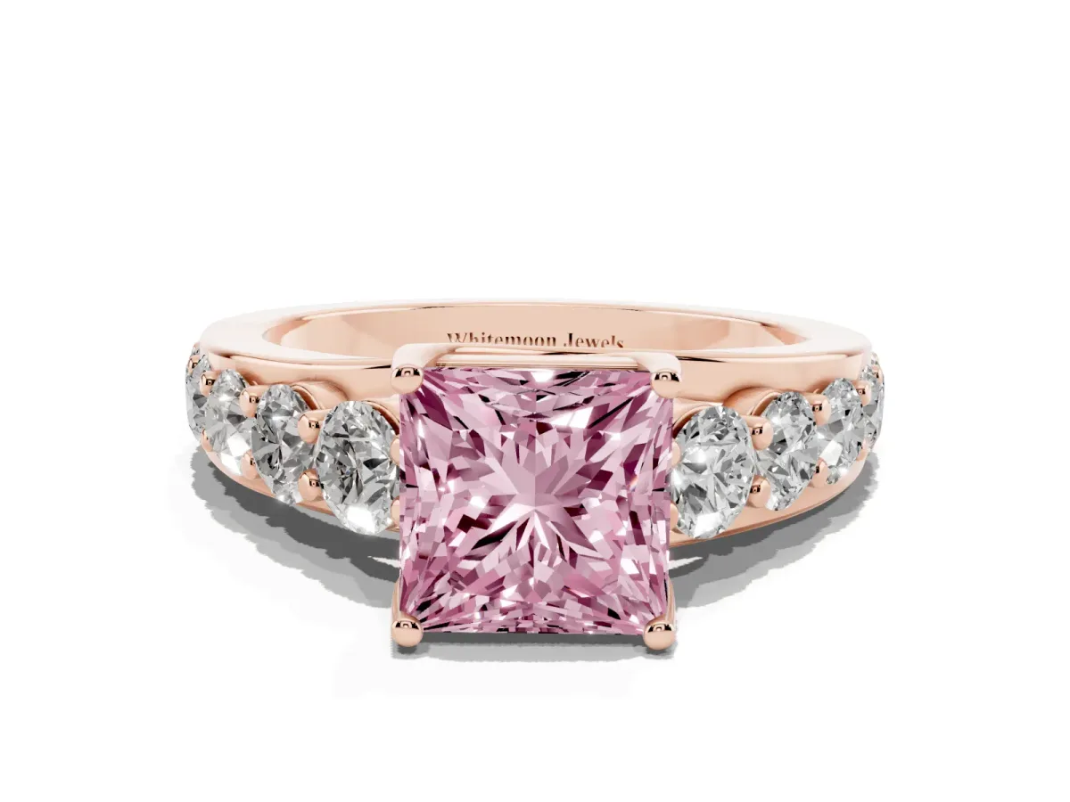 Fancy Pink Princess Cut Diamond Engagement Ring with Pavé Band and Four-Prong Setting Rose gold