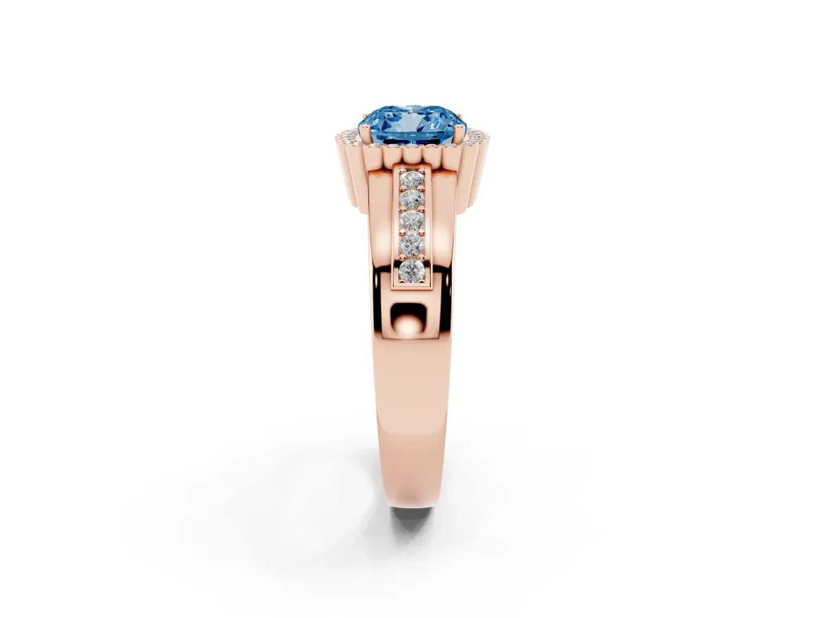 Fancy Blue Cushion Cut Cut Halo Pave Band Four-Prong Ring Rose gold