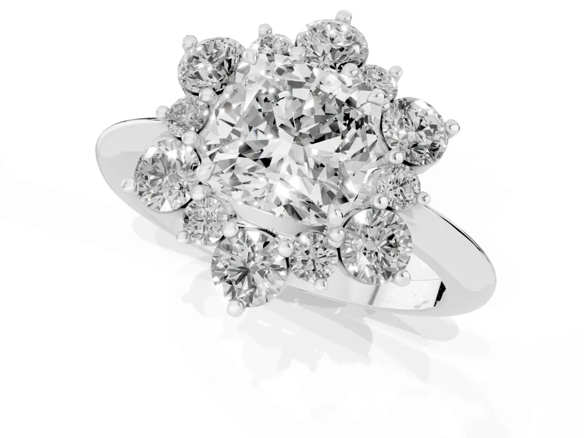 Cushion Cut Diamond Cluster Halo Ring with Solitaire Band and Four-Prong Setting Platinum