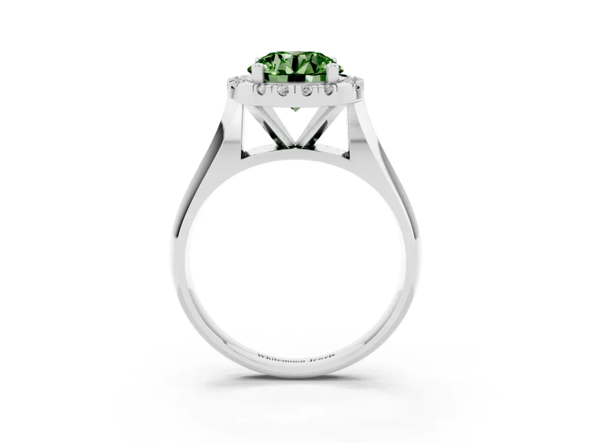 Fancy Green Round Cut Cut Halo Solitaire Engagement Ring with Square Band and Four-Prong Setting Silver