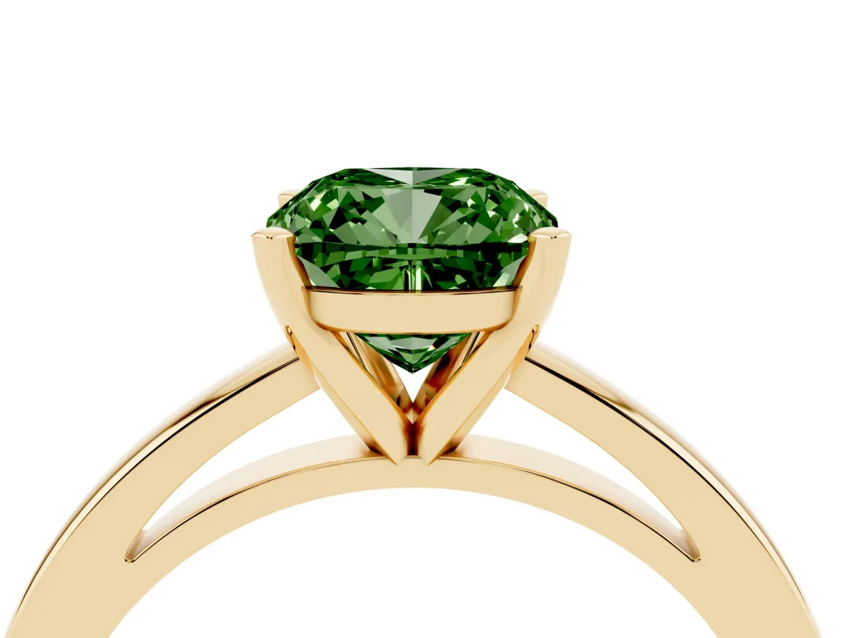 Fancy Green Cushion Cut Solitaire Diamond Engagement Ring with Four-Prong Setting on a Classic Band Yellow gold