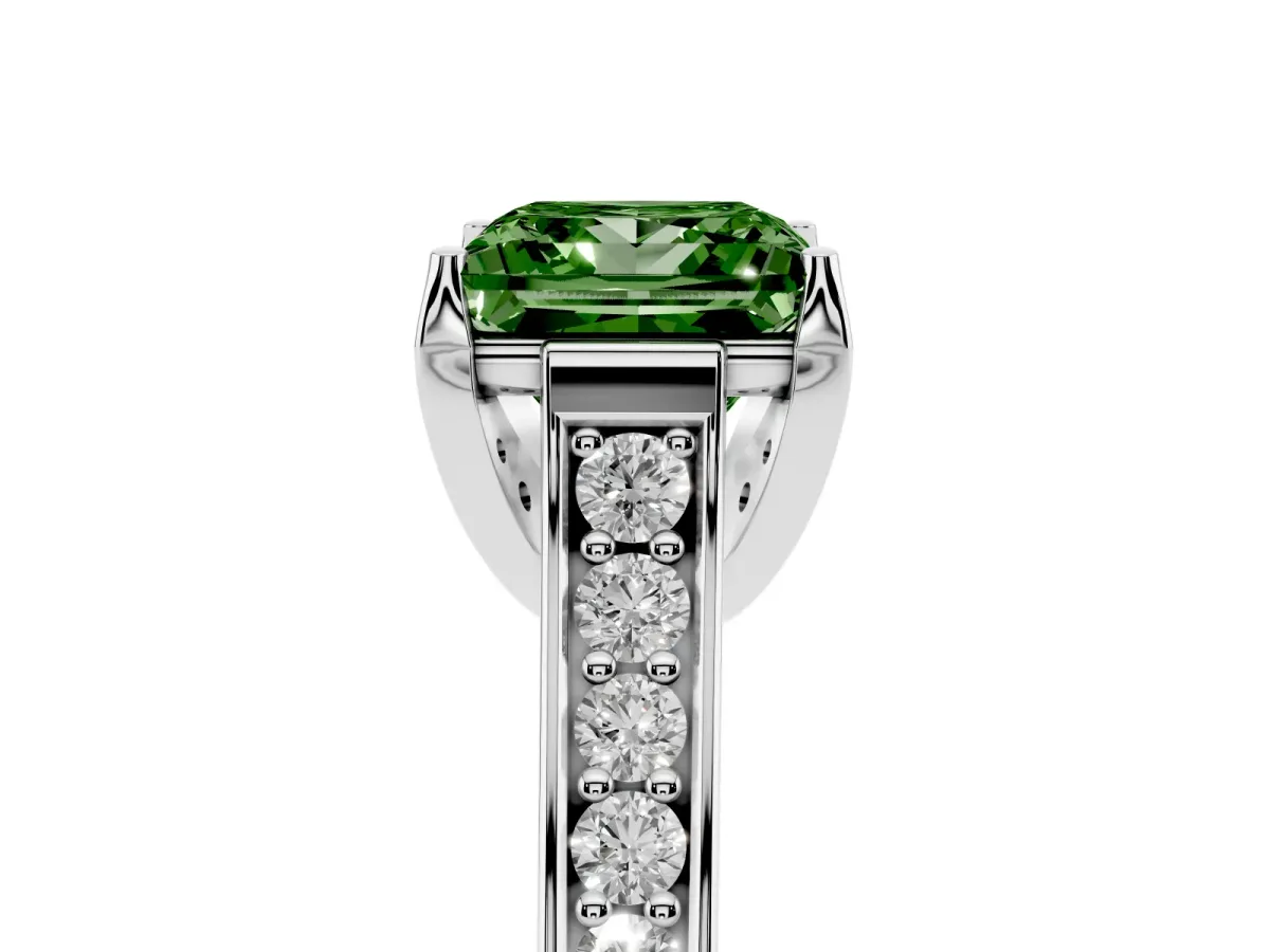 Fancy Green Princess Cut Brilliant Cut Diamond Engagement Ring with Pavé Band and Four-Prong Setting Silver