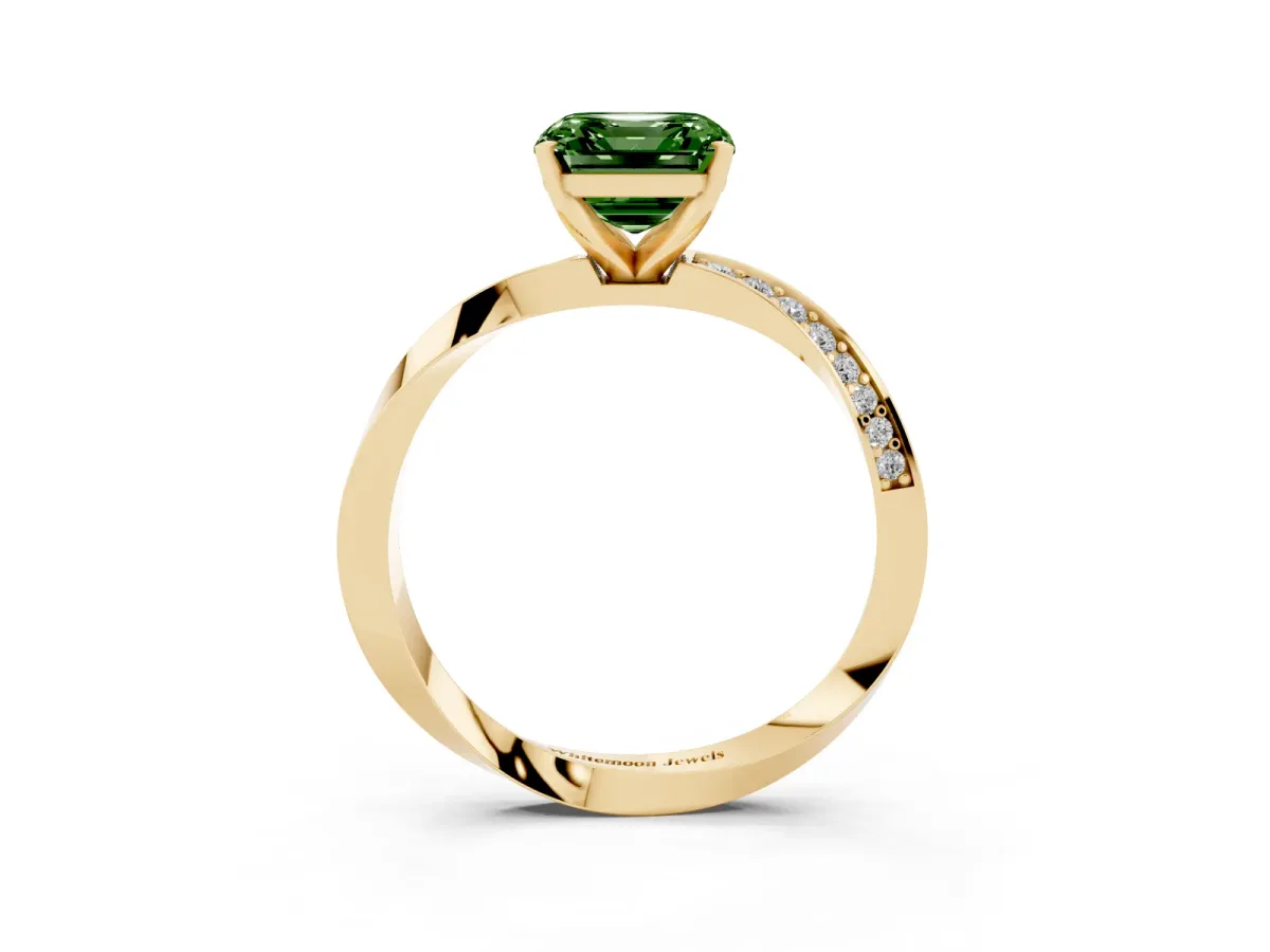 Fancy Green Asscher Cut Diamond Engagement Ring with Side Stone Accents and Four-Prong Setting Yellow gold