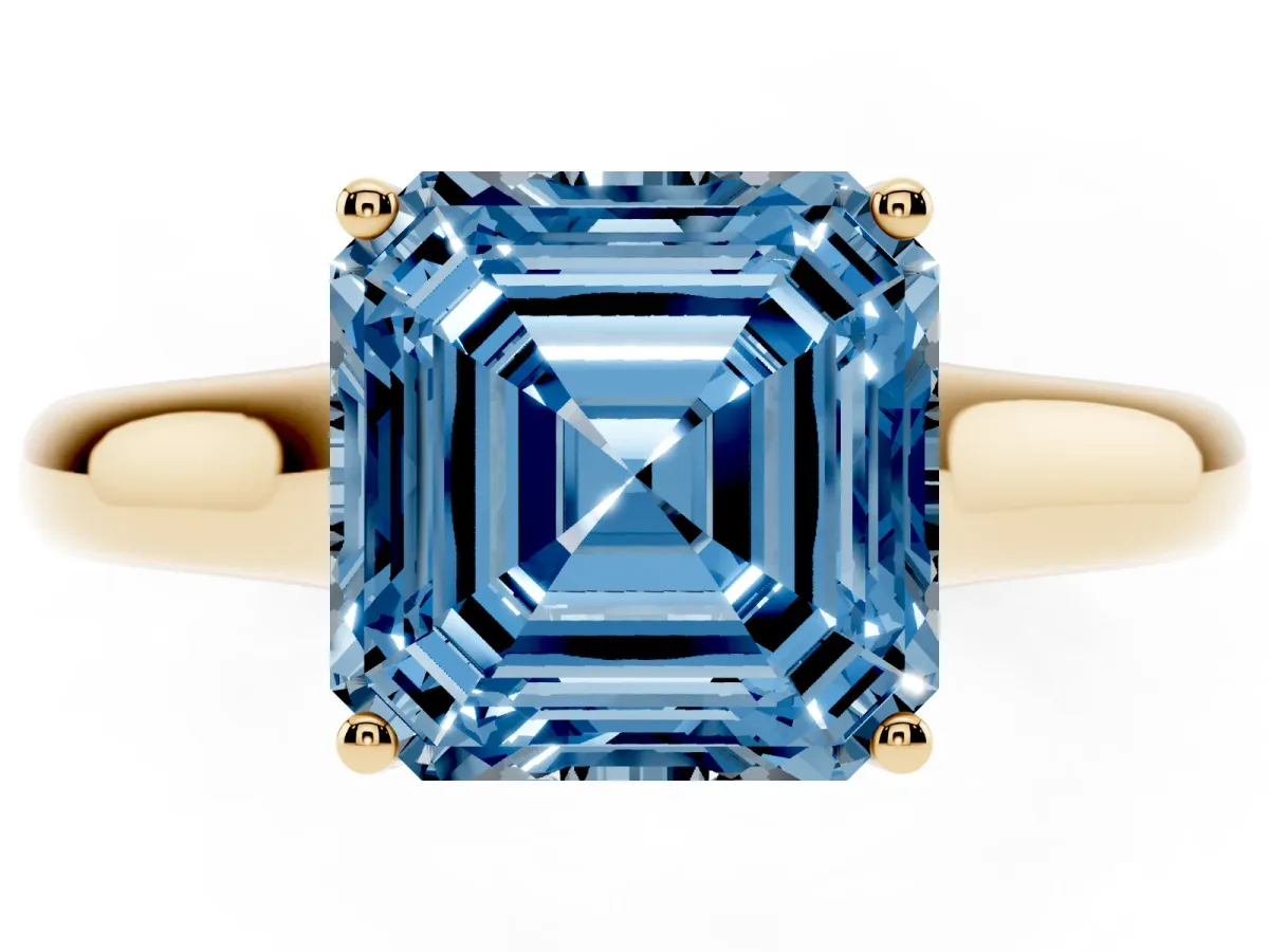 Fancy Blue Asscher Cut Solitaire Engagement Ring with Tapered Band and Four-Prong Setting Yellow gold