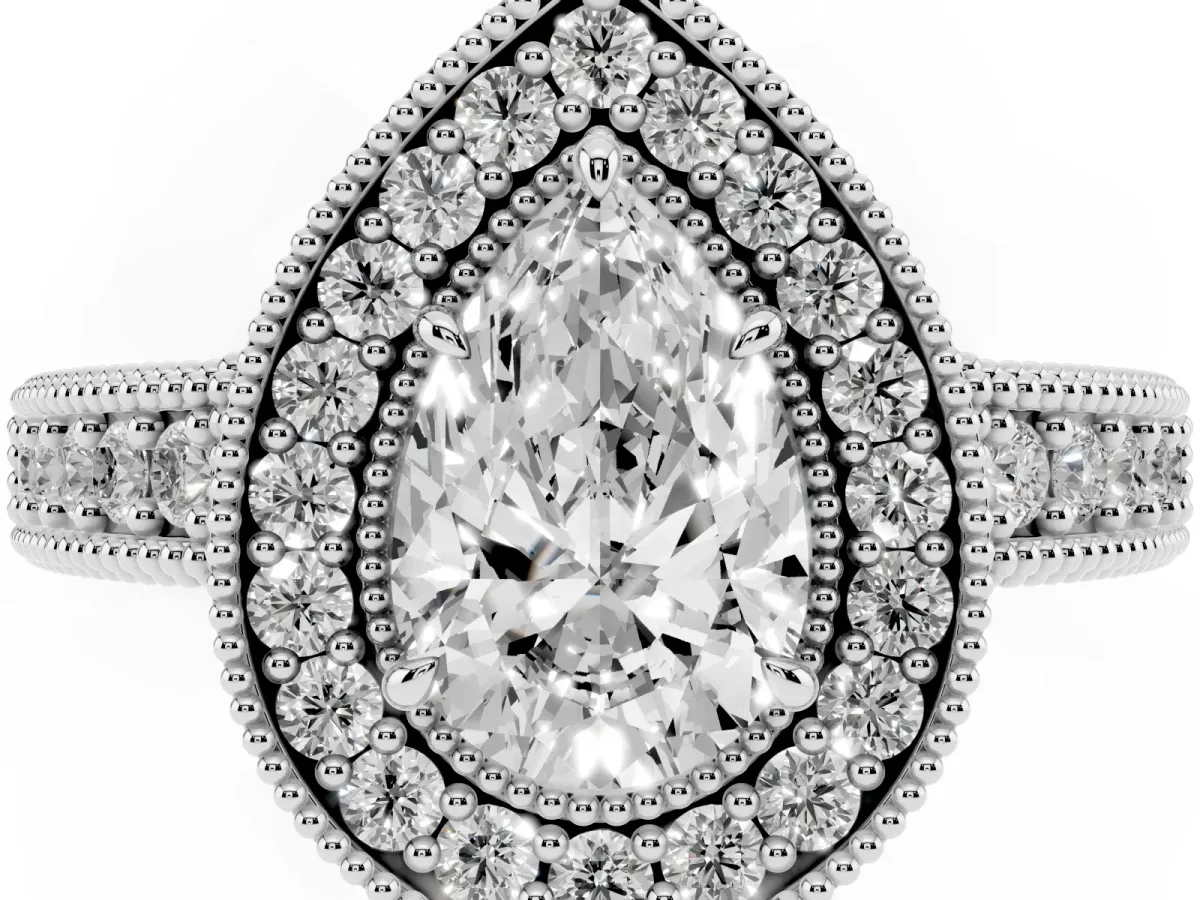 Pear Cut Cut Halo Diamond Ring with Pavé Band and Four-Prong Setting Silver