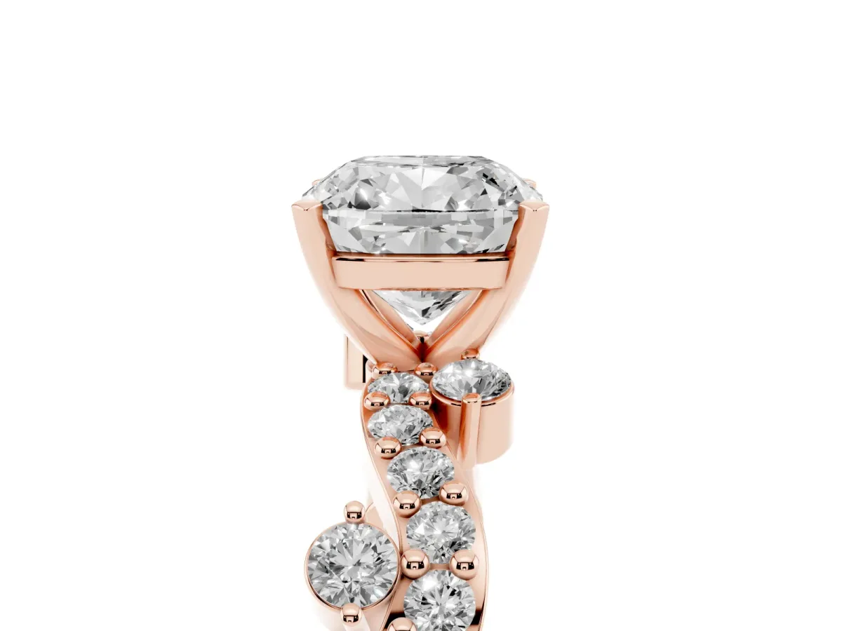 Cushion Cut Cut Solitaire Diamond Twisted Band with Pave Setting Rose gold