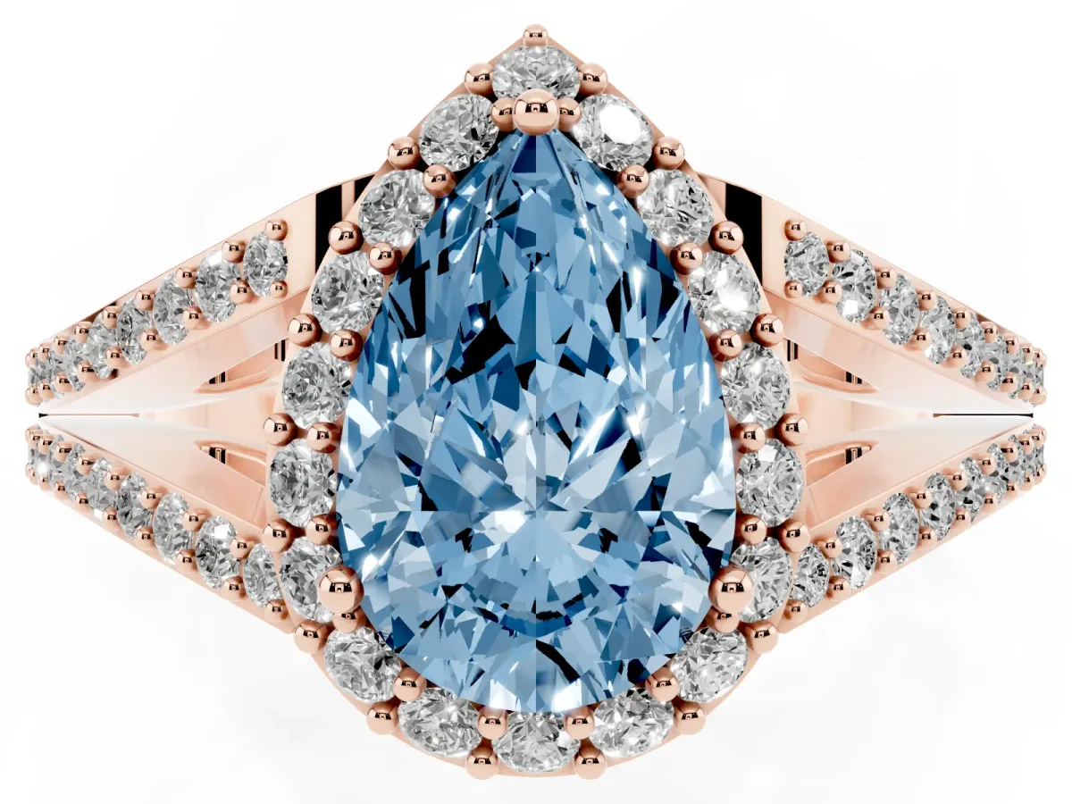 Fancy Blue Pear Cut Halo Split Shank Diamond Ring with Prong Setting Rose gold
