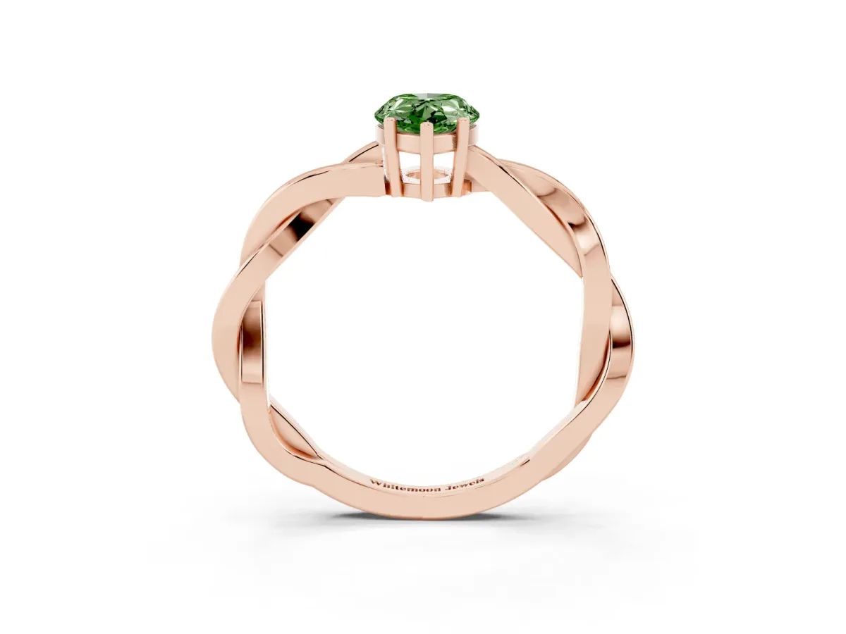 Fancy Green Pear Cut Solitaire Twisted Pave Diamond Ring with Four-Prong Setting Rose gold