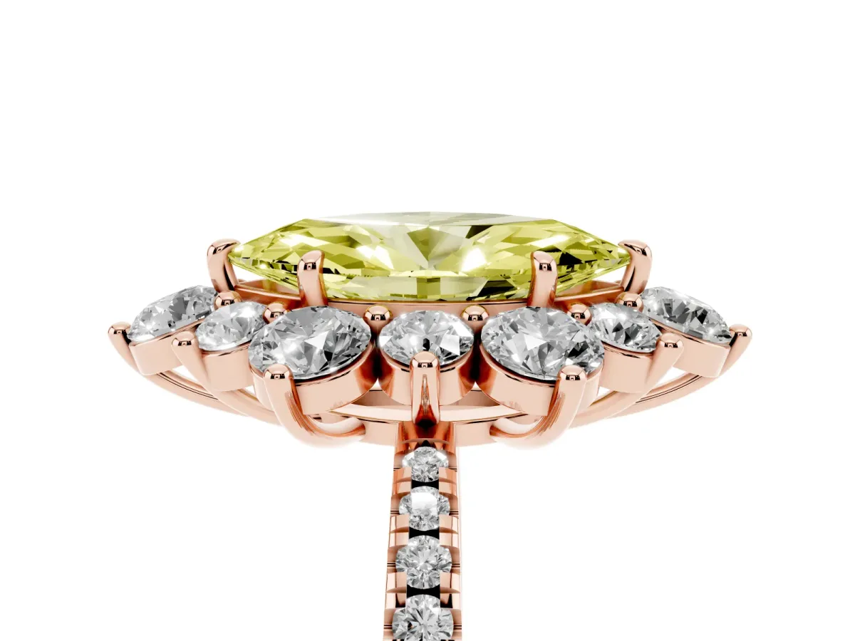 Fancy Yellow Marquise Cut Diamond Floral Halo Ring with Round Pavé Band and Prong Setting Rose gold