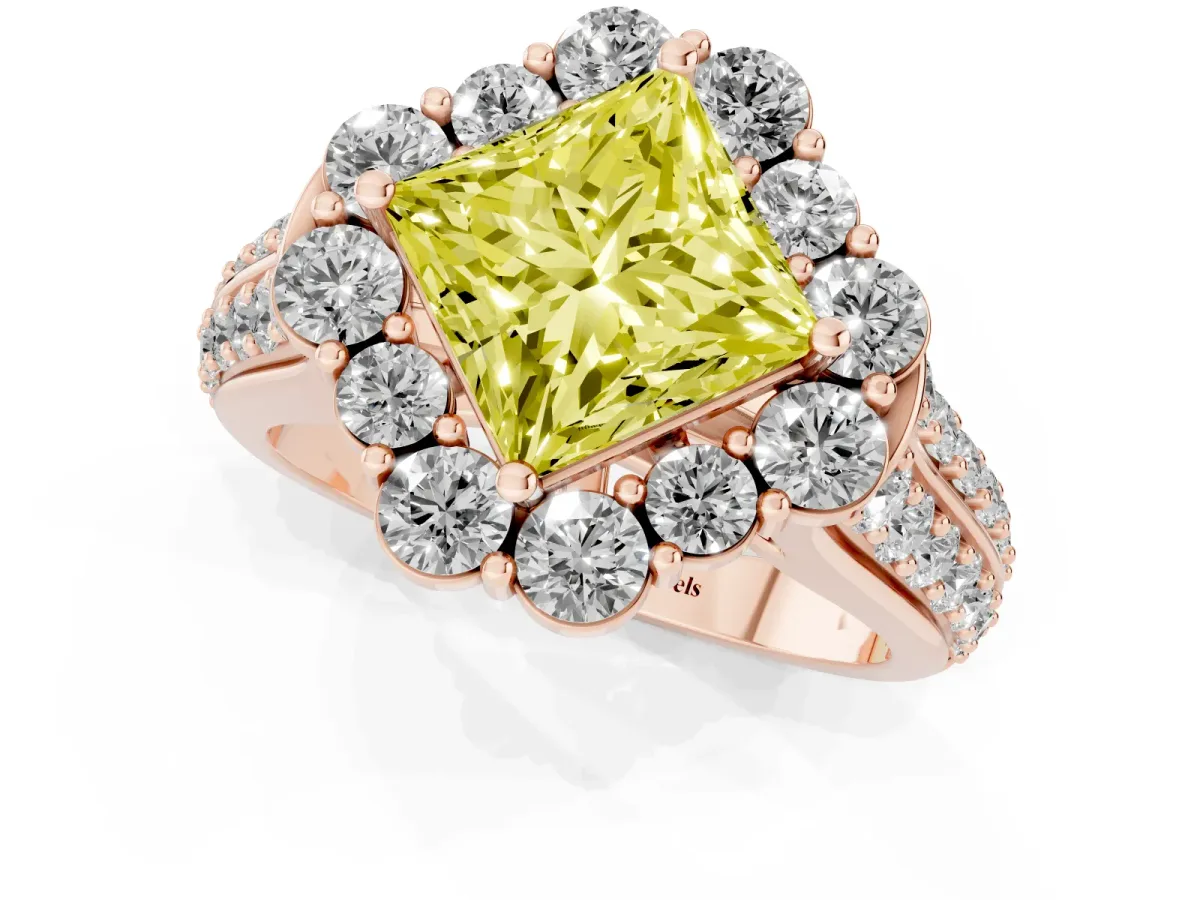 Fancy Yellow Princess Cut Halo Diamond Engagement Ring with Split Shank and Prong Setting Rose gold
