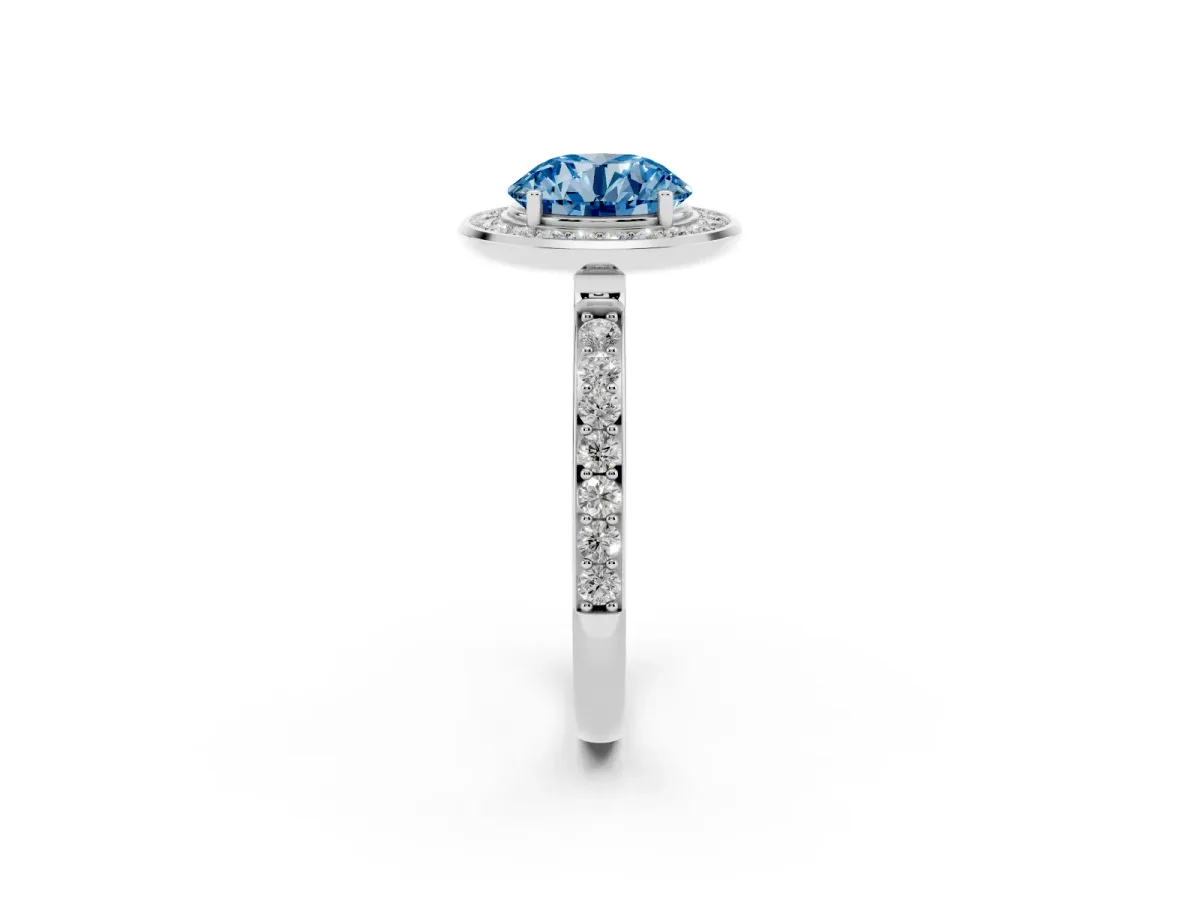 Fancy Blue Round Cut Diamond Halo Ring with Bezel Frame and Pavé Band Silver