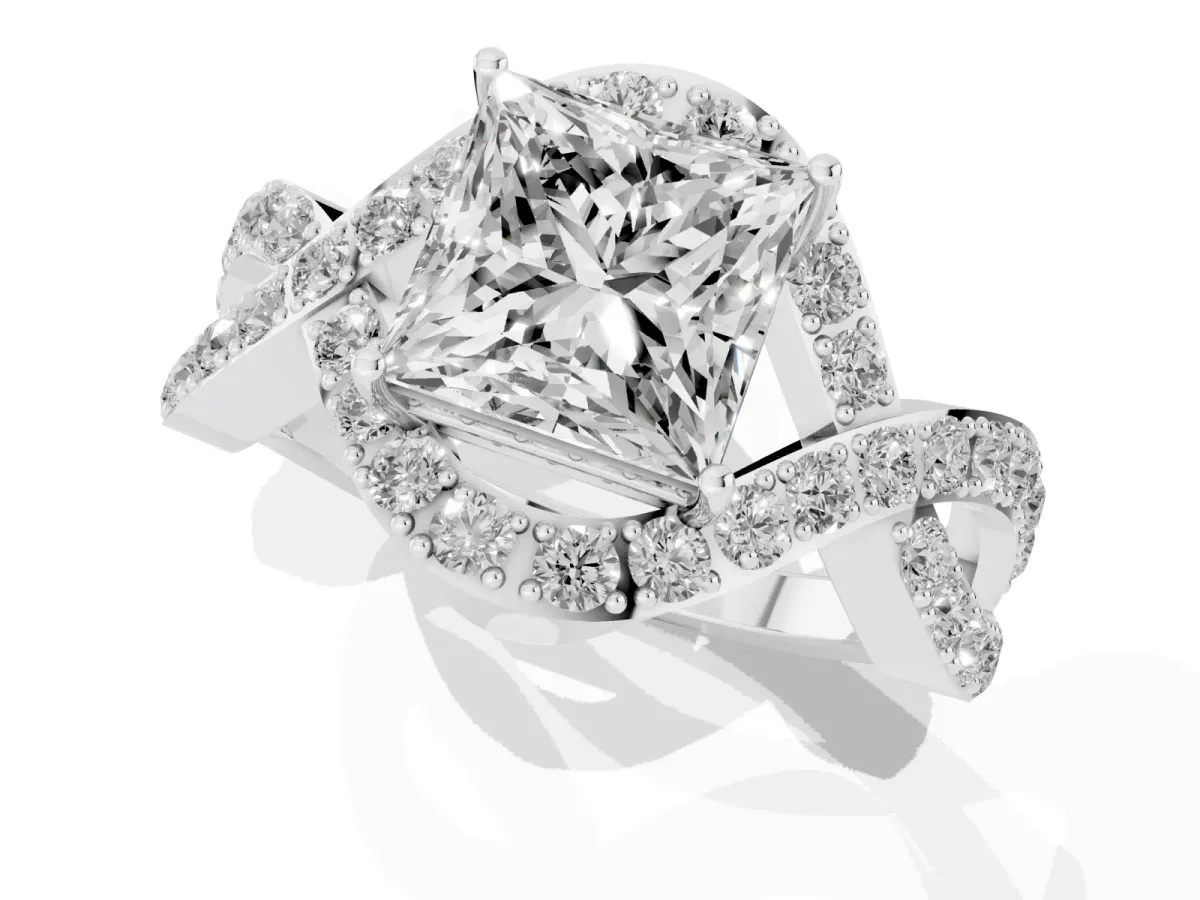 Princess Cut Solitaire Twist Band Pavé Diamond Engagement Ring Platinum