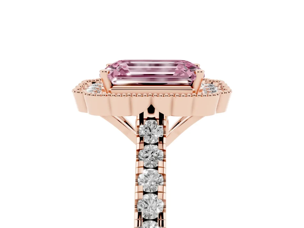 Fancy Pink Emerald Cut Cut Diamond Milgrain Floral Halo Engagement Ring with Pavé Band Rose gold