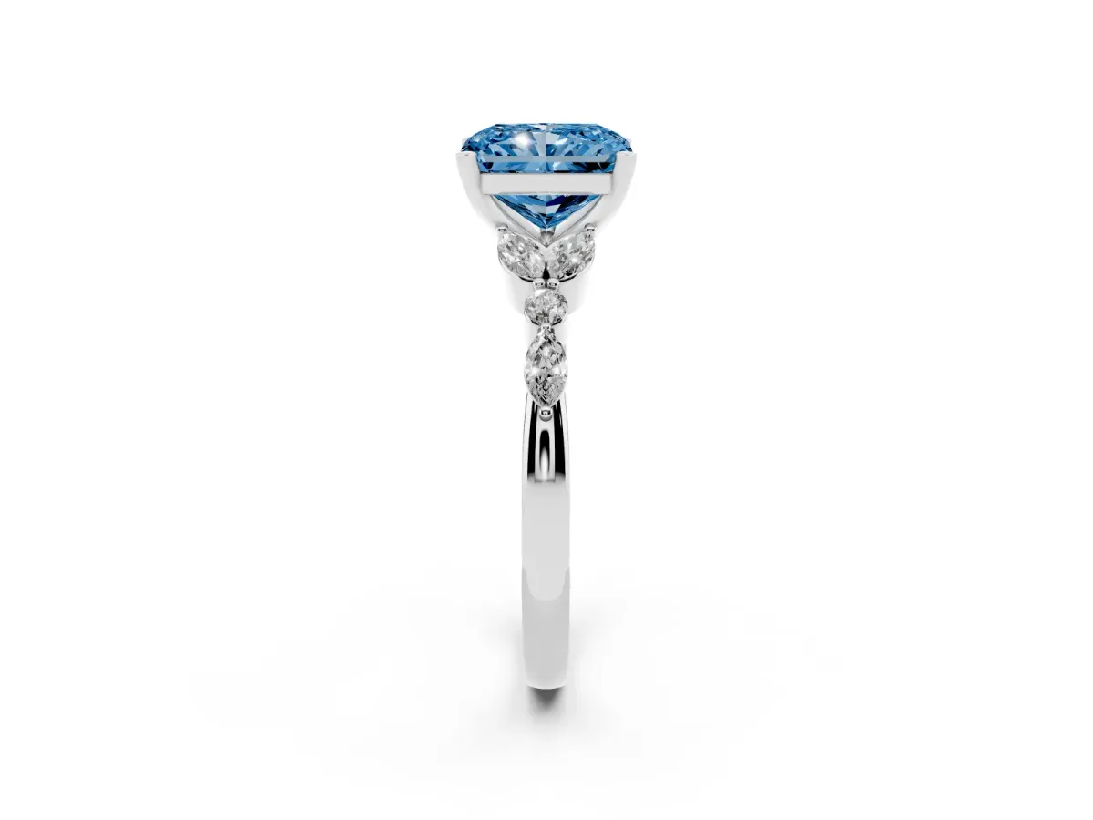 Fancy Blue Radiant Cut Diamond Solitaire Ring with Side Stones and Four-Prong Setting Platinum