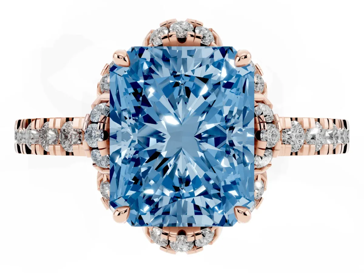 Fancy Blue Radiant Cut Diamond Halo Pave Band with Four-Prong Setting Rose gold