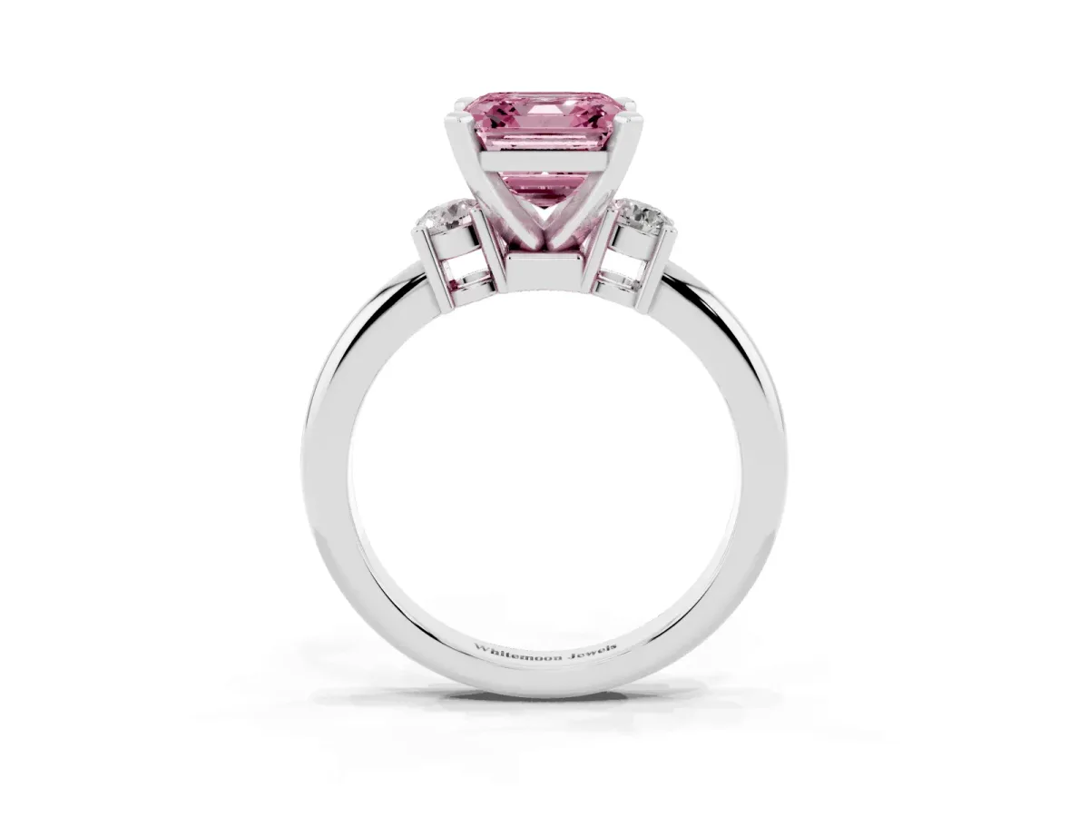 Fancy Pink Three-Stone Asscher Cut Cut Diamond Solitaire with Prong Setting and Classic Band Silver