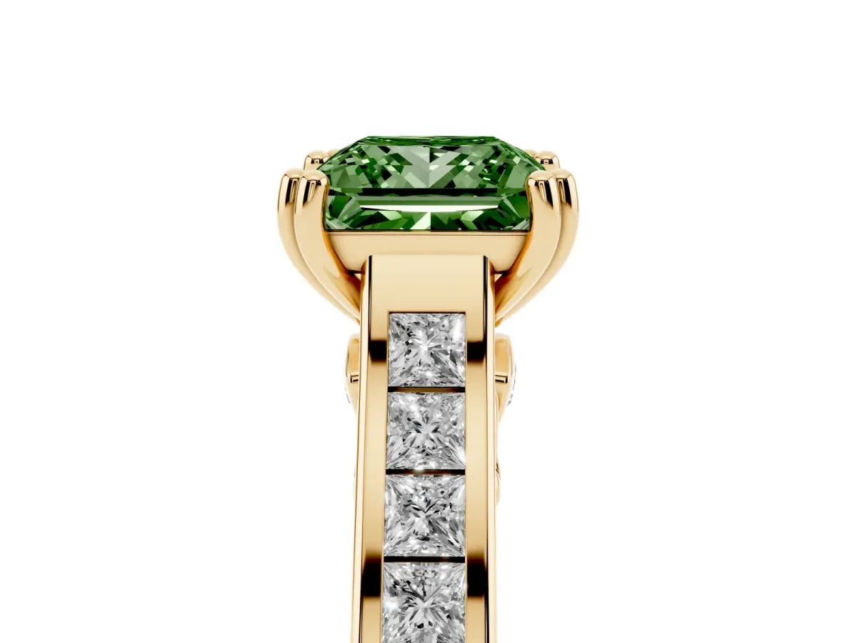 Fancy Green Princess Cut Cut Channel Set Solitaire Engagement Ring with Prong Setting Yellow gold