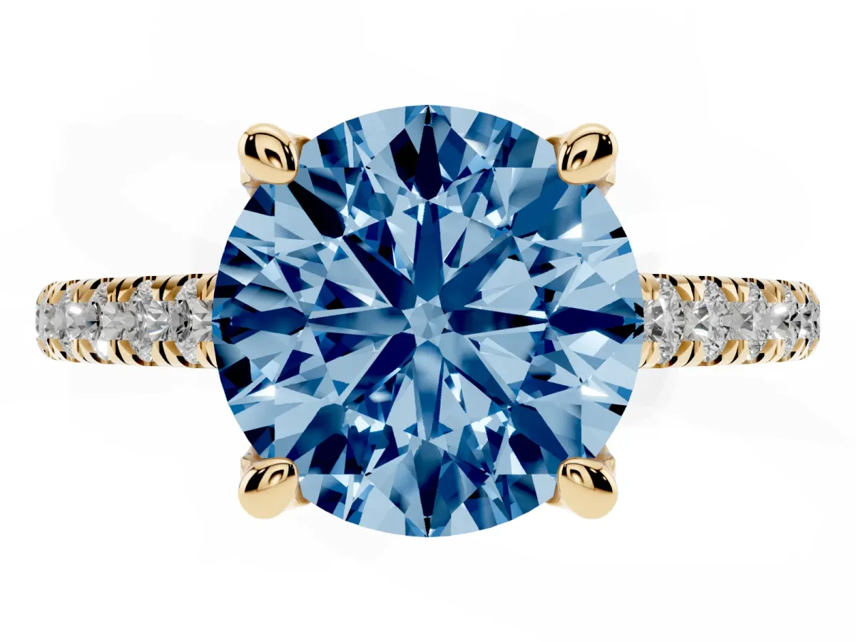 Fancy Blue Round Cut Brilliant Diamond Solitaire with Pavé Band and Four-Prong Setting Yellow gold