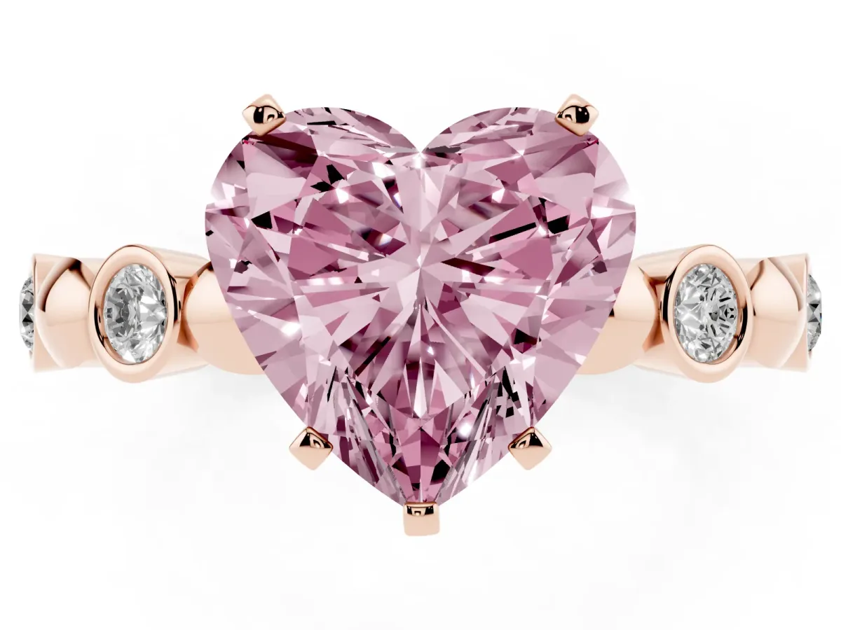 Fancy Pink Heart Cut Solitaire Bezel-Set Diamond Ring with Beaded Band and Four-Prong Setting Rose gold