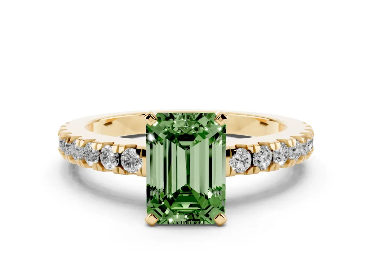 Fancy Green Emerald Cut Solitaire Diamond with Pavé Band and Four-Prong Setting Yellow gold
