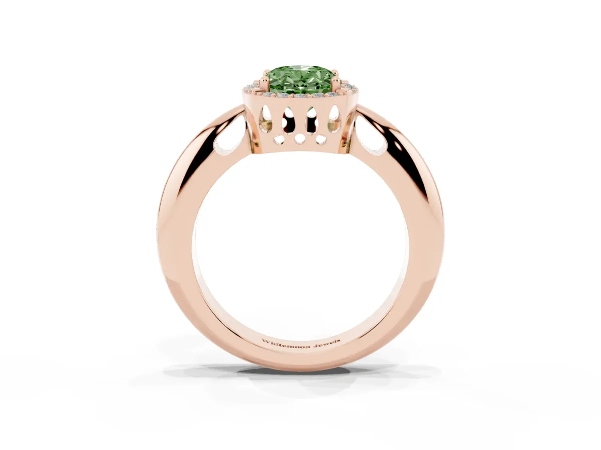 Fancy Green Oval Cut Cut Diamond Halo Engagement Ring with Split Shank and Four-Prong Setting Rose gold
