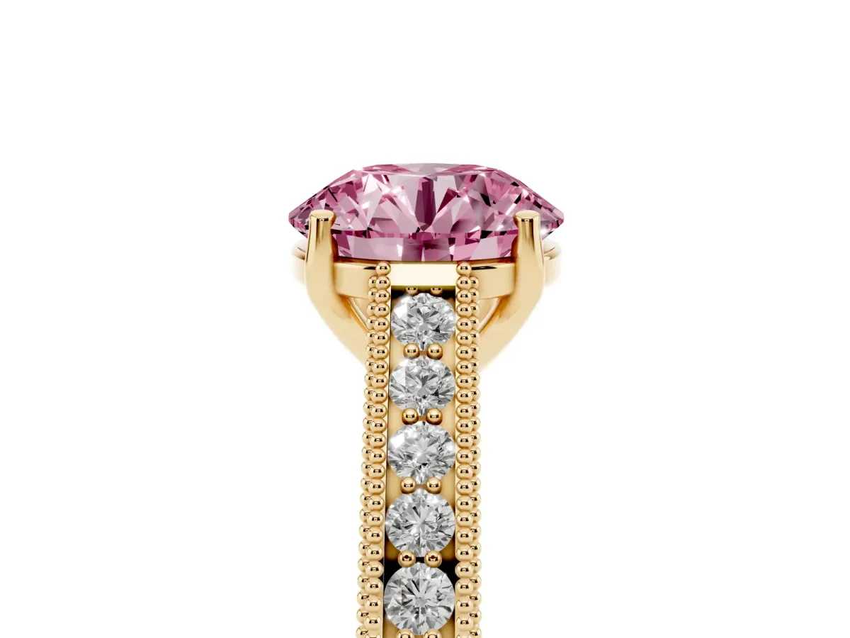 Fancy Pink Round Cut Cut Pave Band Milgrain Solitaire Ring Yellow gold